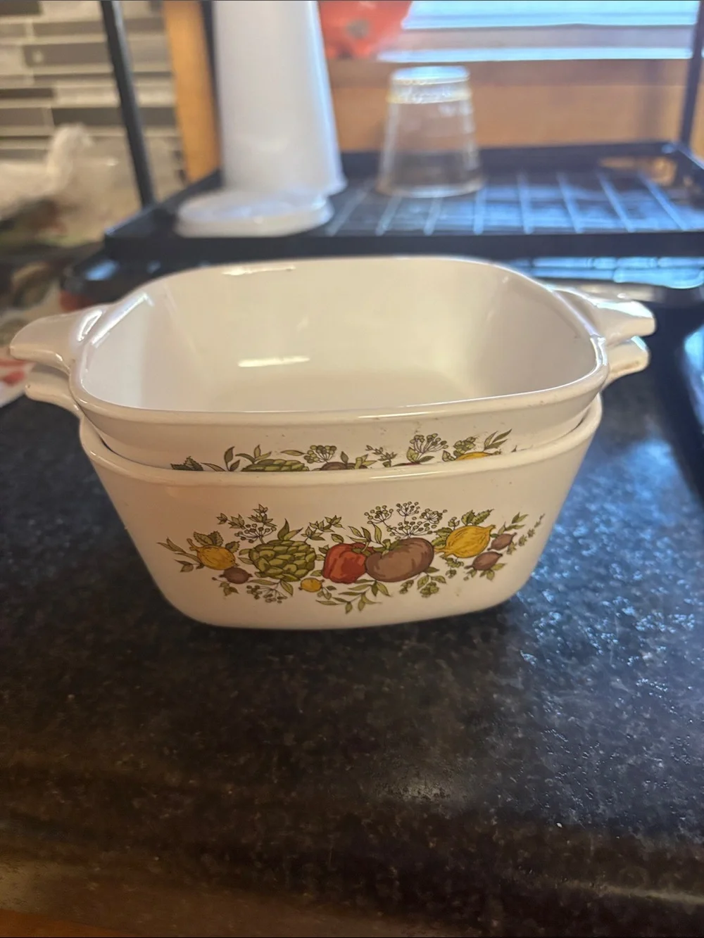 White Ceramic Fruit-Pattern Baking Dish (Set of 2) corning ware!
